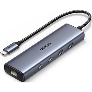 UGREEN CM512 USB-C Hub med 1x USB-A 3.2 / 1x USB-A / 3x USB-C / 1x RJ45 - grå