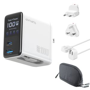 4Smarts GaN 100W Reseadapter/Laddare  EU/US/UK till USB-C/USB-A + USB-C kabel