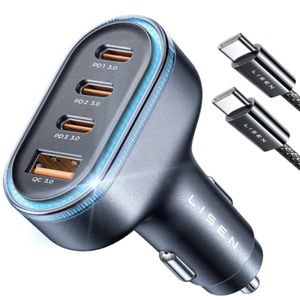 Lisen billaddare 101W, 3.25A, 1x USB-A / 3x USB-A med USB-C kabel – Svart