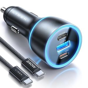 Lisen billaddare 170W, 5A, 2x USB-C / 1x USB-A med USB-C kabel - Svart