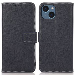 Litchi Texture Leather Stand iPhone 14 Cover - Dark blue