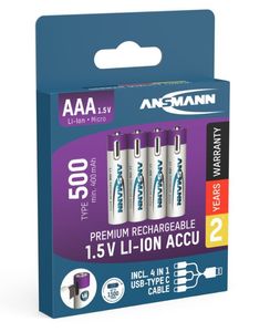 Ansmann 4-pak genopladeligt AAA-batteri Li-ion 500mAh med USB-C