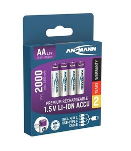 Ansmann 4-pak genopladelige AA-batterier Li-ion 2000mAh med USB-C