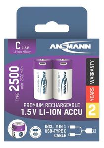 Ansmann 2-pak genopladeligt C-batteri Li-ion 2500mAh med USB-C