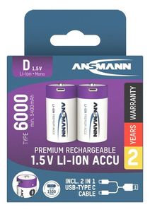 Ansmann 2-pak genopladeligt D-batteri Li-ion 6000mAh med USB-C