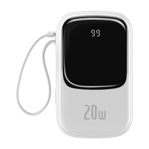 Baseus Qpow Digital Display Power Bank 20000mAh 20W med innebygd Lightning-kabel hvit