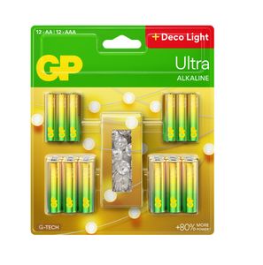 GP Ultra Alkaline 12 stk. AA-batterier + 12 stk. AAA-batterier + 2 m lyskæde