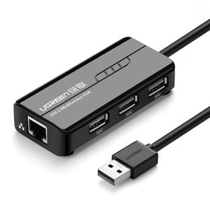 Ugreen 20264 RJ45 / USB-A nettverksadapter og USB HUB – 3 porter, svart