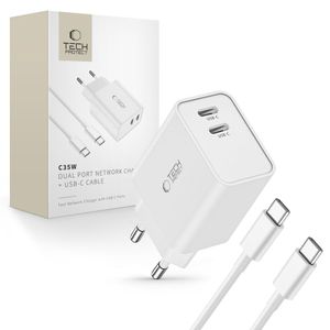 Tech-Protect C35W 2x USB-C PD 35W lader med USB-C kabel – hvit
