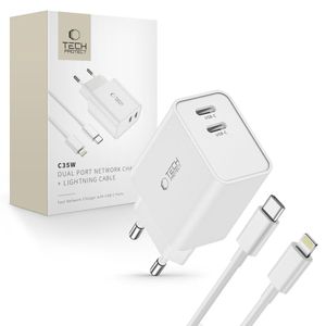 Tech-Protect C35W 2x USB-C PD 35W vegglader med USB-C / Lightning-kabel - hvit