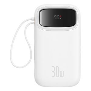 Baseus QPow 2 20000mAh 30W powerbank med 2 innebygde USB-C-kabler – hvit