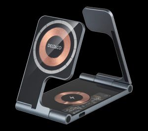 Deltaco 3-i-1 foldbar trådløs oplader med magnet, til iPhone, Apple Watch - 15W