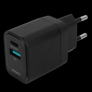 Deltaco USB-seinälaturi – USB-A 18W ja USB-C PD 20W – musta