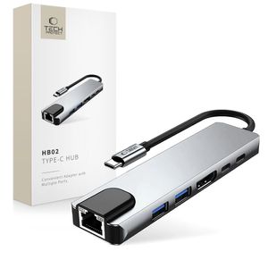 Tech-Protect HB02 HUB Adapter 6in1 USB-C + USB2.0 + USB3.0 + HDMI 4K 30Hz + RJ45 + PD100W – grå