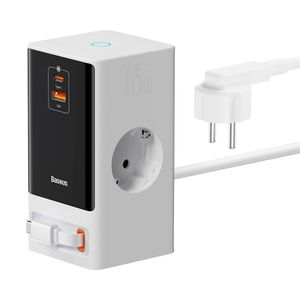 Baseus PowerCombo Ladestation 65W 1.5m 2 x EU + USB-A + USB-C - Hvid