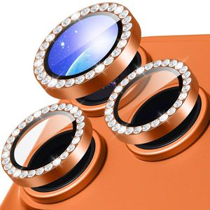 iPhone 18 Pro linsskydd i härdat glas med strassprydd metallring – Orange