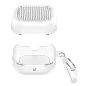 Samsung Galaxy Buds4/Buds4 Pro -kuulokkeiden suojakuori hiilikuitukuviolla ja karabiinihaalla - läpinäkyvä