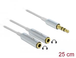 Delock Äänijakajakaapeli 3,5 mm AUX uros - 2 x naaras 3-pin 25 mm - valkoinen