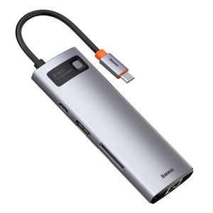 Baseus Metal Gleam 8-i-1 USB-C HUB – 100W PD, HDMI 4K, SD/minnekortleser, Ethernet, grå