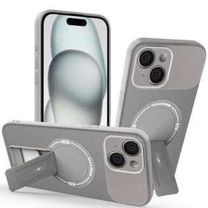 iPhone 15 Kuori Hiilikuitukuvio Jalusta – Harmaa