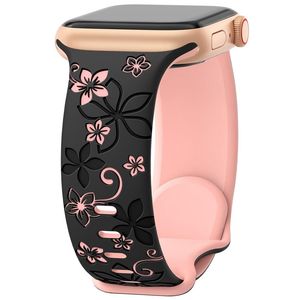 Apple Watch 38/40/41/42mm Urrem i silikone med blomstermønster - Sort/Pink