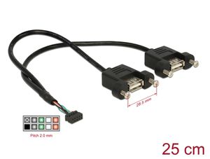 Delock USB 2.0-stiftskontakt hona 2 mm 10-stifts till 2x USB-A hona, 25 cm