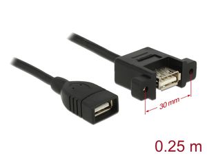 Delock USB 2.0 forlengelseskabel USB-A hunn til USB-A panelmontering, 0,25 m