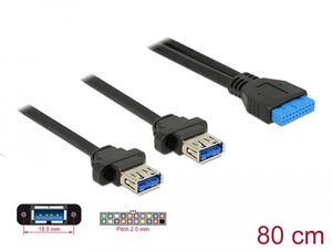 Delock USB 3.0 -naarasliitin, 2 mm, 19-pin - 2 x USB-A -naaras, paneeliasennus, 80 cm