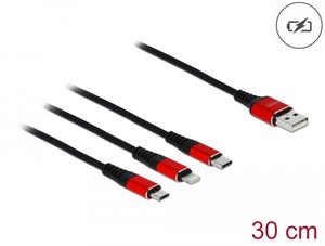 Delock 3-i-1 ladekabel USB-A til Lightning/Micro USB/USB-C, 30 cm - svart/rød