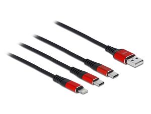 Delock 3-in-1 latauskaapeli USB-A - Lightning / 2x USB-C 3A, 1m - musta/punainen