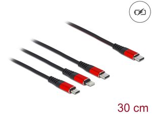 Delock 3-i-1 ladekabel USB-C til Lightning/Micro USB/USB-C, 30 cm - svart/rød
