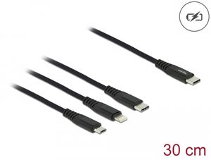 Delock 3-i-1-ladekabel USB-C til Lightning / Micro USB / USB-C, 30 cm