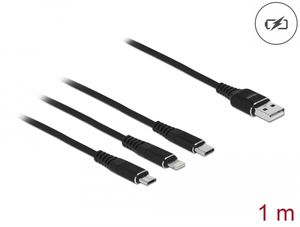 Delock 3-i-1 ladekabel USB-A til Lightning / Micro USB / USB-C, 1m - Svart