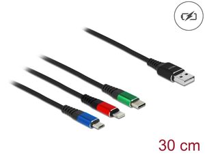 Delock 3-i-1 ladekabel USB-A til Lightning/Micro USB/USB-C, 30 cm