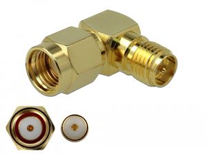 Delock-sovitin RP-SMA uros - RP-SMA naaras 90° 3 GHz - kulta