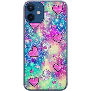 Apple iPhone 12  Läpinäkyvä Puhelinkotelo Enhörning och hjärtan