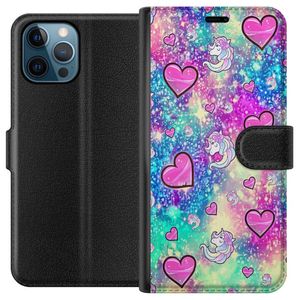 Apple iPhone 12 Pro Sort Lommebokdeksel Enhörning och hjärtan