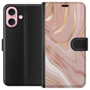Apple iPhone 16 Svart Plånboksfodral Ljusrosa marmor