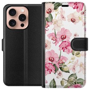 Apple iPhone 16 Pro Svart Plånboksfodral Rosa blommor