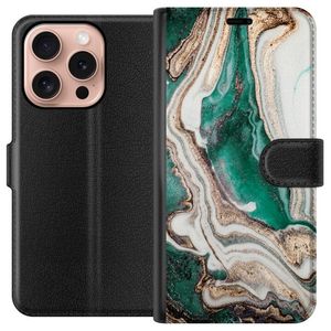 Apple iPhone 16 Pro Svart Plånboksfodral Grön / Guld marmor