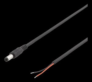 5,5x2,1 mm DC virtajohto, 2 m, musta, avopään liittimellä