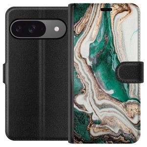 Google Pixel 9 Svart Plånboksfodral Grön / Guld marmor