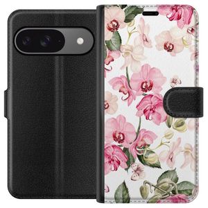 Google Pixel 9 Pro Sort Tegnebogsetui Rosa blommor
