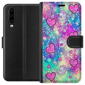 Huawei P30 Sort Tegnebogsetui Enhörning och hjärtan