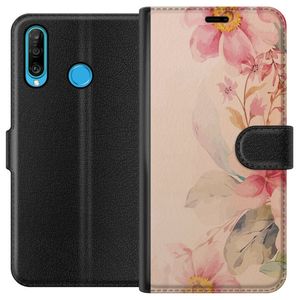Huawei P30 lite Musta Lompakkokotelo Färgsprakande Blommor