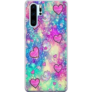 Huawei P30 Pro Läpinäkyvä Puhelinkotelo Enhörning och hjärtan