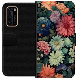 Huawei P40 Svart Plånboksfodral Färglada blommor