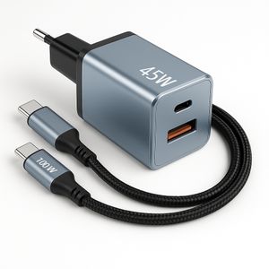 Hurtigoplader til Samsung Galaxy S25/S24/23, PD 45W med USB-C-kabel - Sort/Grå
