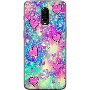 OnePlus 6T Gennemsigtigt Telefoncover Enhörning och hjärtan