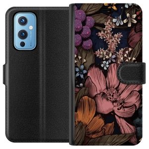 OnePlus 9 Sort Tegnebogsetui Tecknade blommor